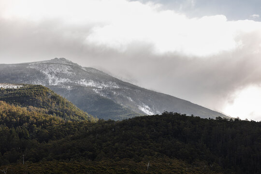 snow covered tasmanian mountains surrounded by native australian vegetation