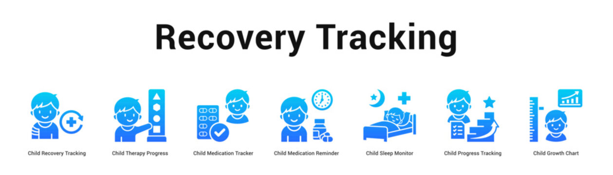 Recovery Tracking web banner icon vector illustration concept, Child Recovery Tracking, Child Therapy Progress, Child Medication Tracker, Child Medica