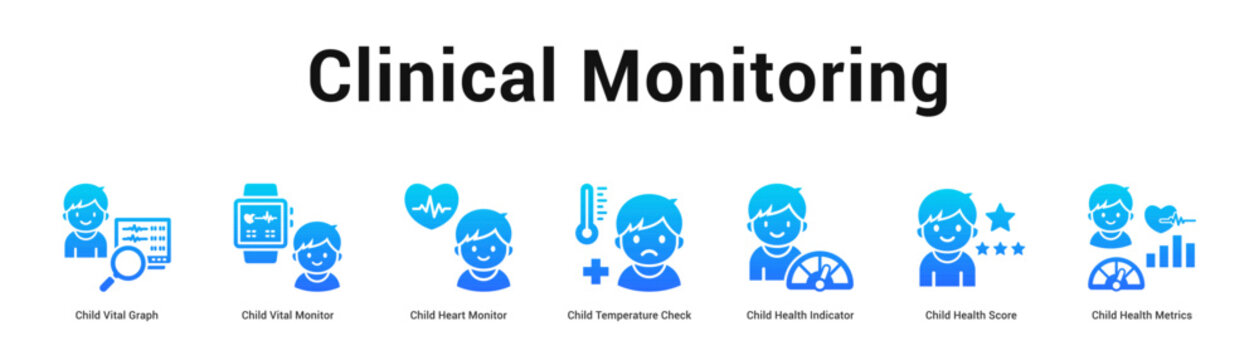 Clinical Monitoring web banner icon vector illustration concept, Child Vital Graph, Child Vital Monitor, Child Heart Monitor, Child Temperature Check,
