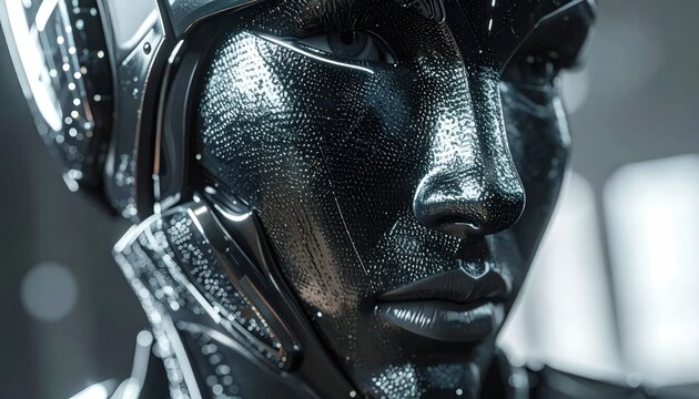 Close up of metallic humanoid robot face.