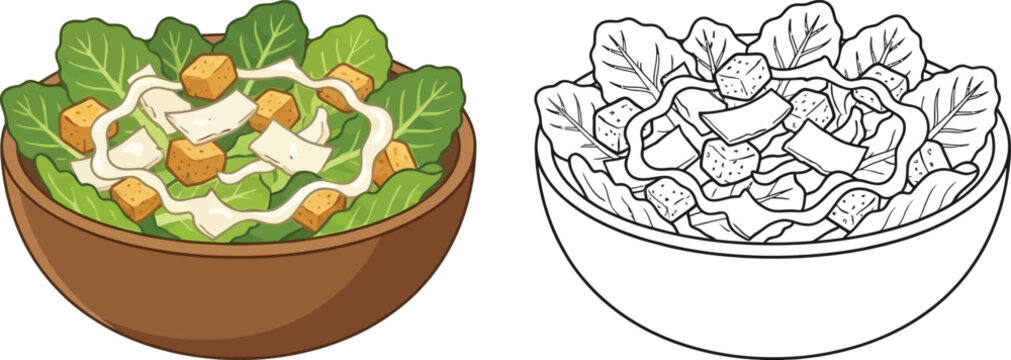 Cartoon Caesar salad in a wooden bowl accompanied by a black and white outline version for coloring ideal for healthy food illustrations and childrens educational content