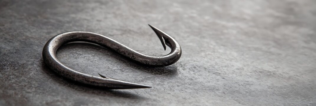 Close up of a large rusty fishing hook on a gray surface