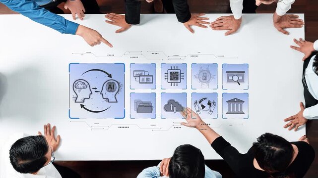 A diverse business team engages in a collaborative meeting focused on artificial intelligence strategy, utilizing a digital interface to share ideas and concepts. Raster