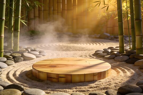 Zen Garden Bamboo Podium Product Display Background with Minimal Wooden Platform and Morning Mist
