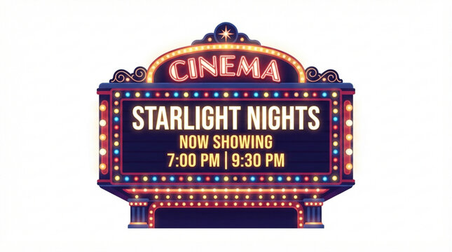 Vintage cinema marquee sign. Retro theater display board for movie showtime announcements.