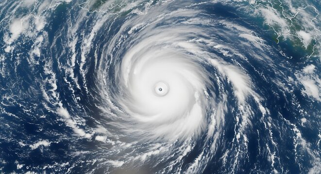 Majestic Satellite View Powerful Hurricane Eye Over Ocean  Climate Change Impact.