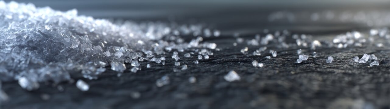 Close up of salt crystals on a dark surface for conceptual or design uses