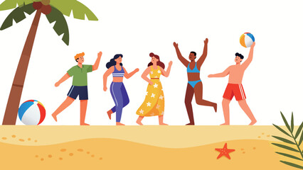 Obraz premium Group of friends having fun on the beach, summer vacation and sea illustration
