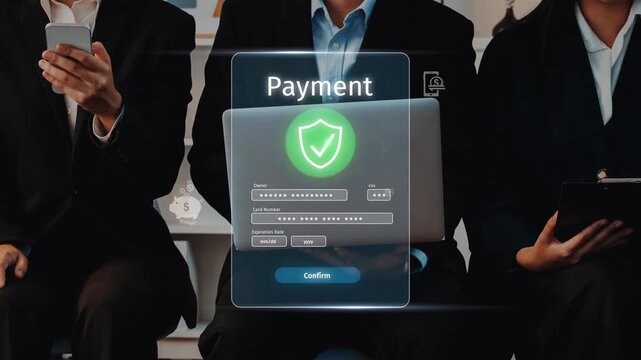 The image portrays a secure online payment interface with professionals using a laptop and tablet, symbolizing modern transactions and digital security in business environments. Raster