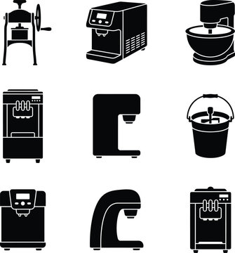 Vector silhouettes of commercial ice makers ice cream machines and kitchen appliances