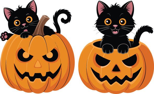 Two adorable black kittens sitting inside scary carved jackolantern pumpkins for halloween celebration.