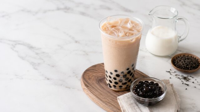  refreshing iced bubble tea with tapioca pearls, accompanied by a jug of milk and loose tea leaves on a wooden tray.