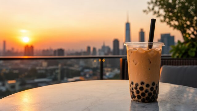 cup of iced bubble tea with a straw sits on a table overlooking a city skyline at sunset.