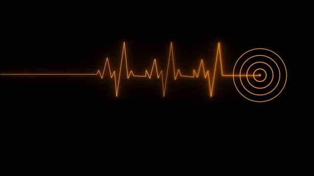 Heartbeat monitor displays a vibrant orange wave pattern that culminates in a circular target shape signifying medical precision and vital statistics tracking for health related analytical.