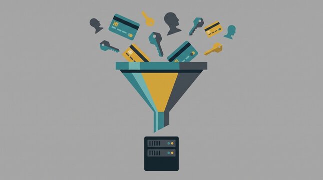 Data funnel processing credit cards, keys, and user profiles into a server for digital security and financial data management.