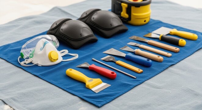Equipment spread on drop cloth safety glasses dust mask knee pads and scraper tools arranged for safe popcorn ceiling elimination.