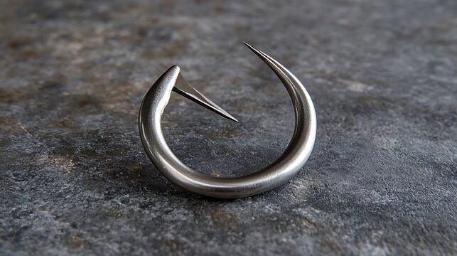 Close up of a polished metal fishing hook resting on a dark textured stone surface angling towards the viewer