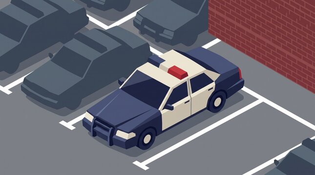 Isometric police patrol car parked in an urban parking lot next to a brick wall, ideal for law enforcement and security concepts.