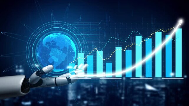 A robot hand holds a globe while displaying a financial growth chart, symbolizing the fusion of technology and business in data-driven decision-making and analytics. Copula
