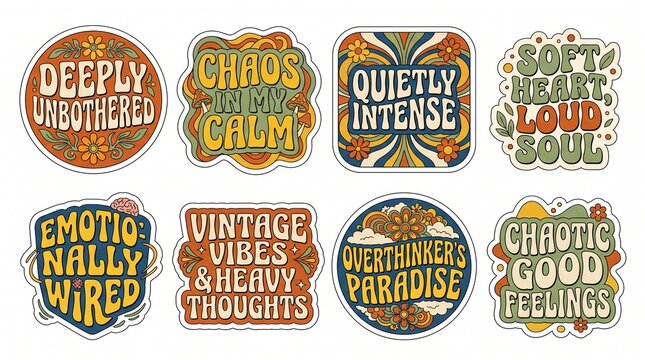 Retro 70s style groovy sticker collection with mental health quotes and wavy typography for digital journaling and planner design