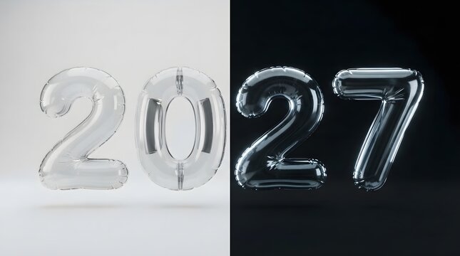 Transparent glass balloon numerals forming twenty twenty seven with represented four transparent balloons floating against black studio backdrop year twenty