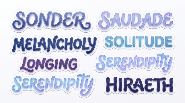 Aesthetic collection of 3D glossy typography stickers featuring deep emotional words in blue hues for creative digital journaling.