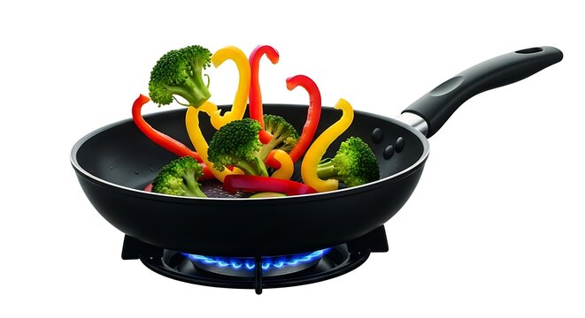 Black frying pan on a gas stove burner with a flame cooking fresh broccoli florets and colorful bell pepper strips in the air