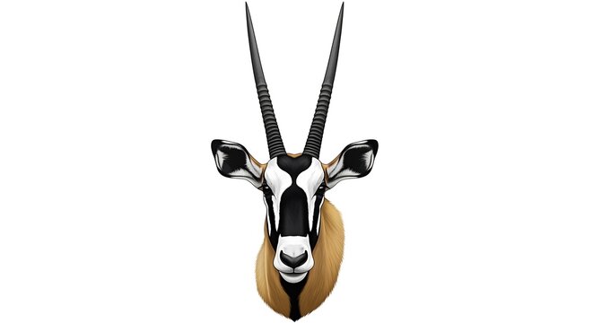 Detailed of an oryx antelope head with long straight horns and black and white facial markings isolated on white background