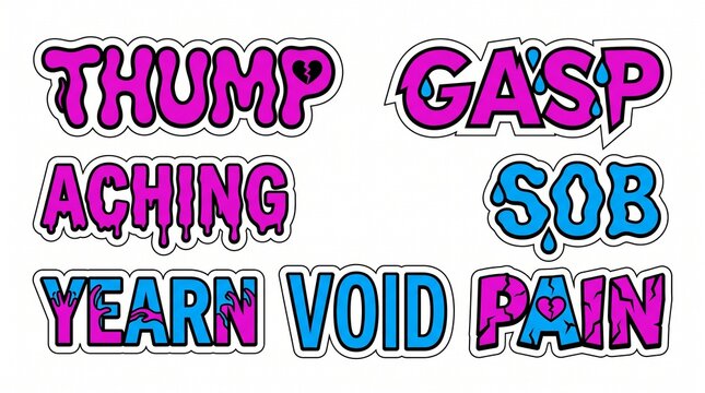 Set of expressive typographic stickers featuring emotional words like pain and sob in a vibrant Y2K pink and blue pop art style.