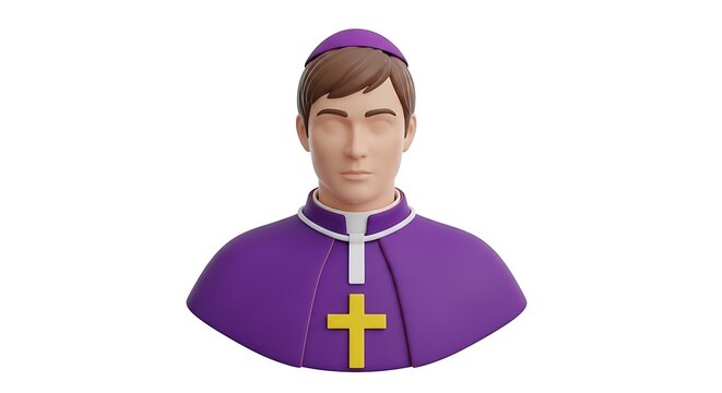 3d bust of a catholic priest wearing a purple cassock and a white clerical collar with a yellow cross pendant on a white background