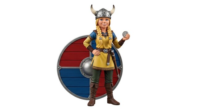 3d cartoon female viking warrior holding a silver coin and standing in front of a large red and blue round shield on white background