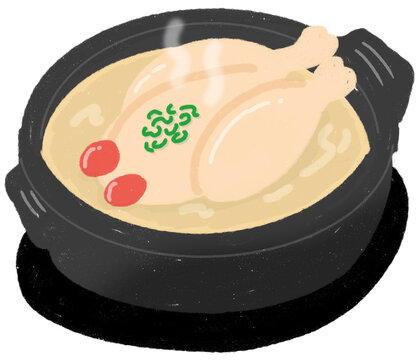 Korean ginseng chicken soup (Samgyetang) illustration in a hot stone pot
