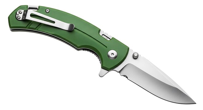 A folding pocket knife with a green handle and a sharp stainless steel blade, featuring a metal belt clip, isolated on a white background