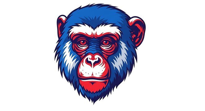 A stylized head of a chimpanzee with blue fur, red face, and white accents in a bold style on a white background