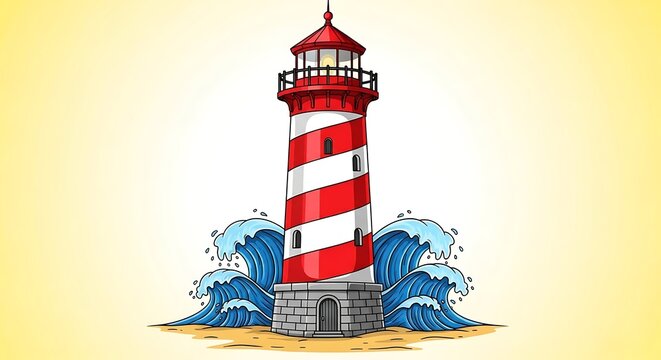 A tall red and white striped lighthouse standing on a sandy beach with large blue ocean waves crashing behind it in a cartoon style