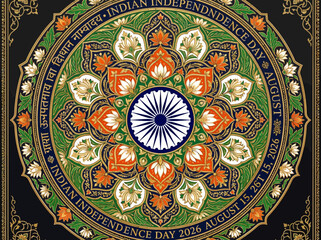 Obraz premium Indian Independence Day Mandala with Ashoka Chakra and Lotus Flowers