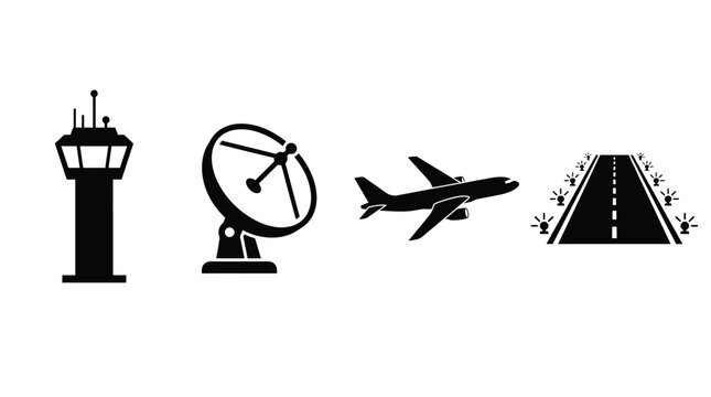 Airport Control Tower Radar Airplane And Runway Icons On White Background