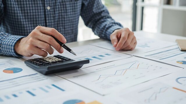 Person in plaid shirt using a calculator to analyze financial charts and graphs on a desk