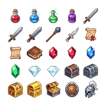 Set of 16-bit pixel art fantasy game items asset sheet including potions, swords, magic scrolls, gems, and chests, isolated on white background