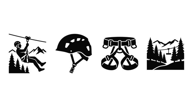 Zip Line And Climbing Gear Silhouettes On White Background