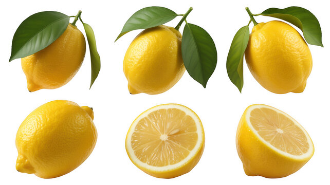 Set of fresh whole lemons with green leaves and sliced lemon halves isolated on white background.
