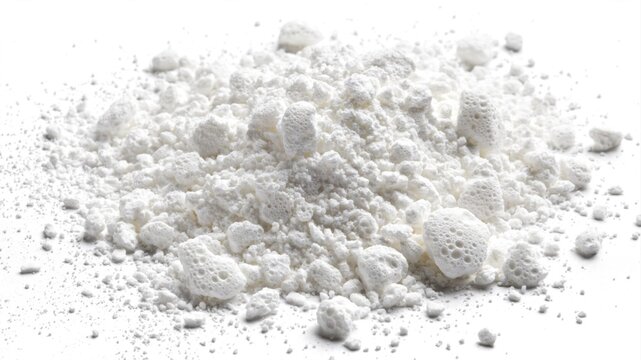 Brightly lit pile of fine white granular powder with subtle yellow specks scattered on a clean isolated white background in a detailed studio shot.