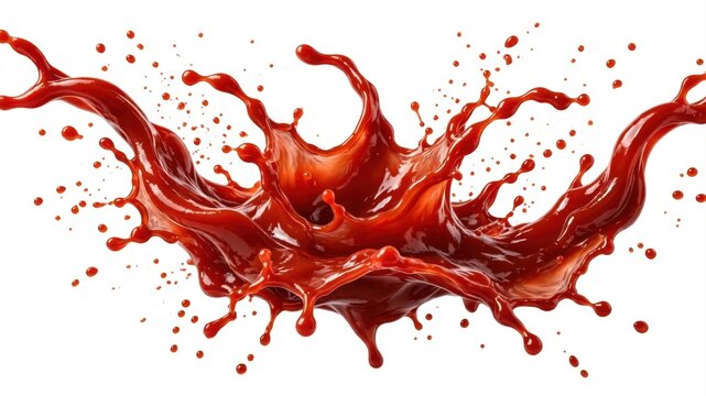 Dynamic splash of rich red chocolate liquid with flying droplets captured in high speed photography against a clean white background.