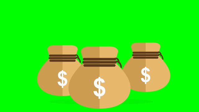 2D Animated Money Bags with Dollar Signs on Green Screen Background Loop