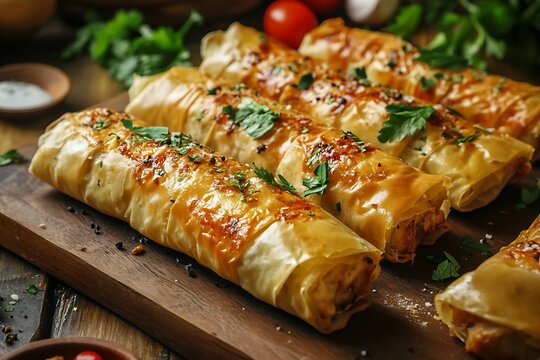 Golden burek pastries on wooden board with herbs and dips traditional balkan cuisine