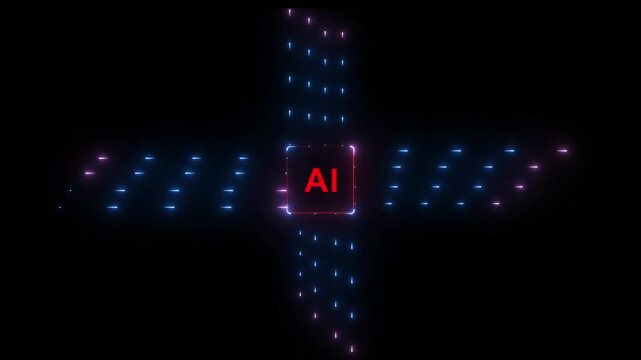 Artificial intelligence logo glows in the center of a symmetrical matrix of small blue and pink pixels arranged in four cardinal directions on a dark background to represent advanced network.