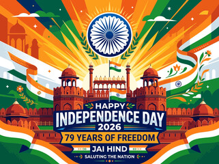 Naklejka premium India Independence Day Celebration: Red Fort, Tricolor Flags, Ashoka Chakra