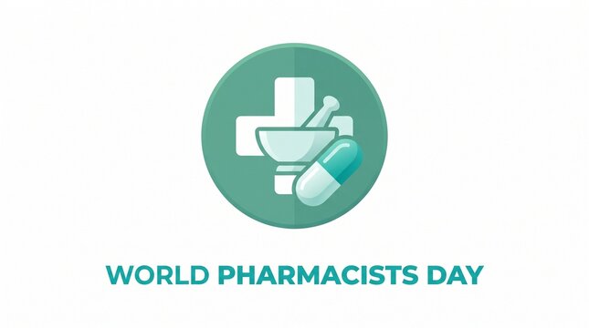 World pharmacists day logo with pill and mortar