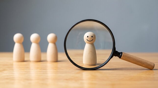 Wooden figure under magnifying glass with smile