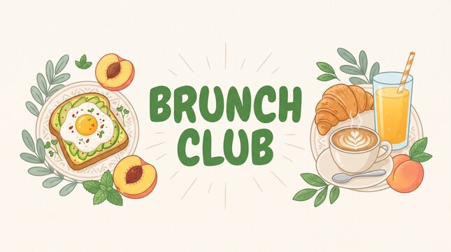 Colorful brunch club flat illustration with food